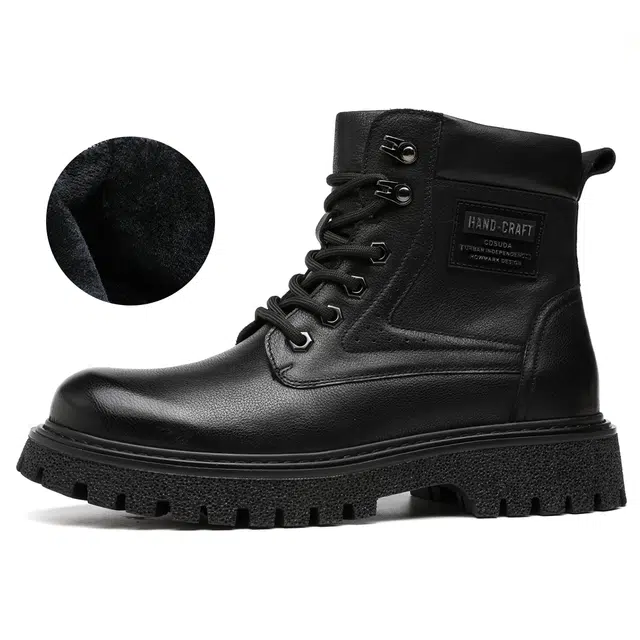 法派 头层牛皮 加绒保暖 英伦休闲 舒适百搭  耐磨 高筒 马丁靴 男款 黑色