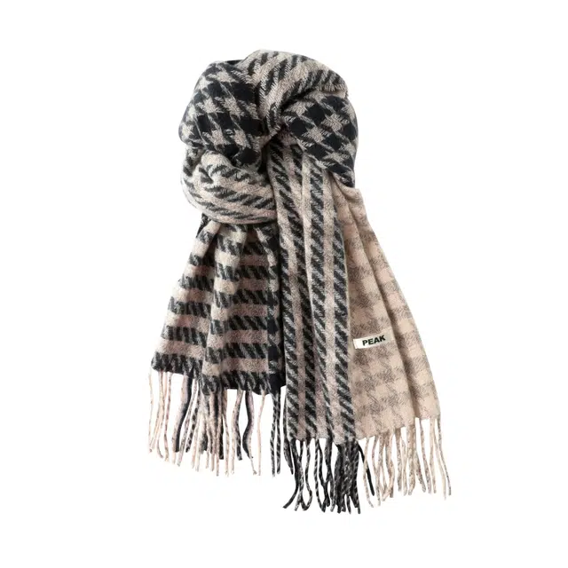 匹克 文艺小格纹流苏防寒保暖 绒线围巾 男女同款情侣款
