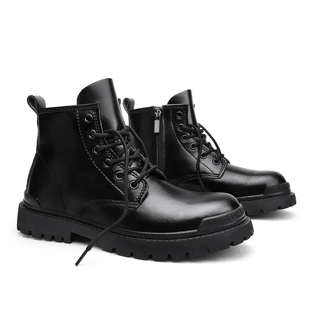 二层牛皮 通勤百搭耐磨防滑小个子厚底增高工装户外 中筒 马丁靴 男款