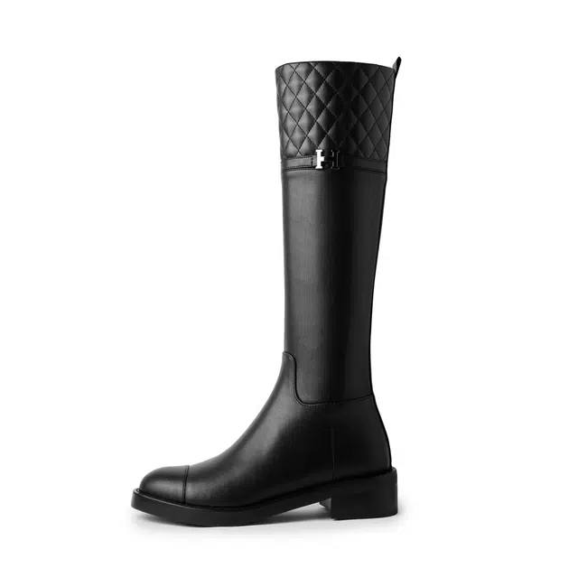 复古时尚百搭通勤休闲显瘦气质小香风骑士靴 高筒靴 女款 经典黑色