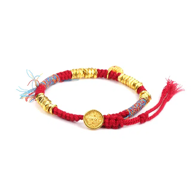 谧月珠宝 新中式国潮风黄财神盘缠钱币五彩手工编织绳时尚轻奢精致高级感平安喜乐百搭饰品古法复古好运 合金 手链 男女同款情侣款