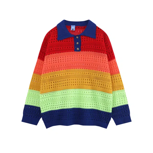 水中花 条纹撞色镂空长袖针织衫 女款 彩色