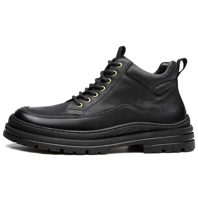 法派 头层牛皮 工装风 纯色系带 及踝 户外靴 男款 黑色