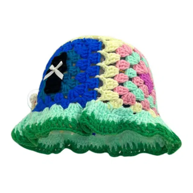 木林森 泫雅风彩色花朵条纹休闲简约百搭手工编织 针织 渔夫帽 男女同款情侣款