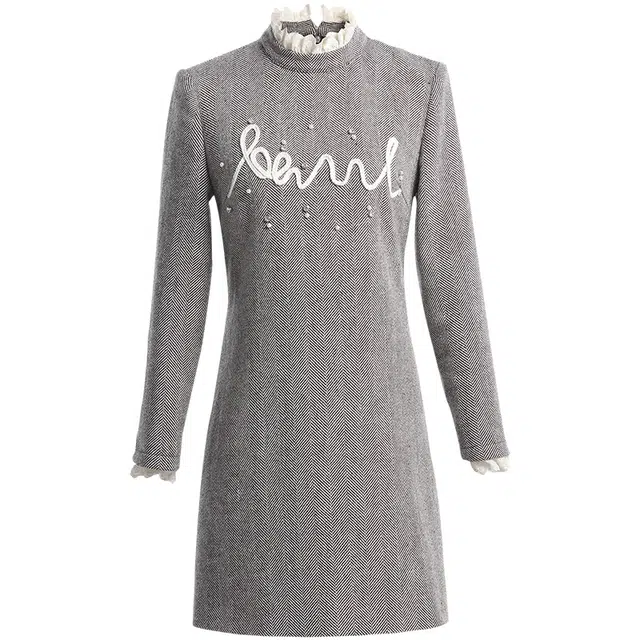 欧昵雪 休闲时尚毛呢通勤长袖连衣裙 女款 咖啡色