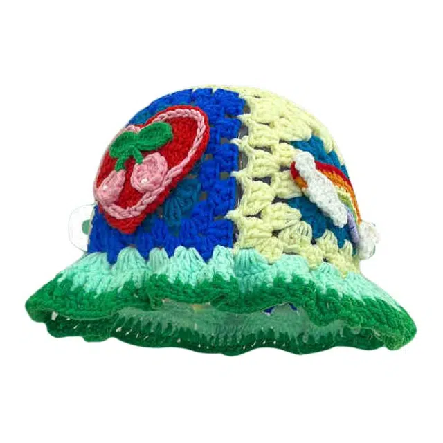 木林森 泫雅风彩色花朵条纹休闲简约百搭手工编织 针织 渔夫帽 男女同款情侣款