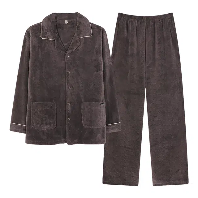 俏薇妮 简约纯色柔软雅致高级感翻领家居服保暖休闲舒适可外穿睡衣套装 男款 礼盒装 褐色