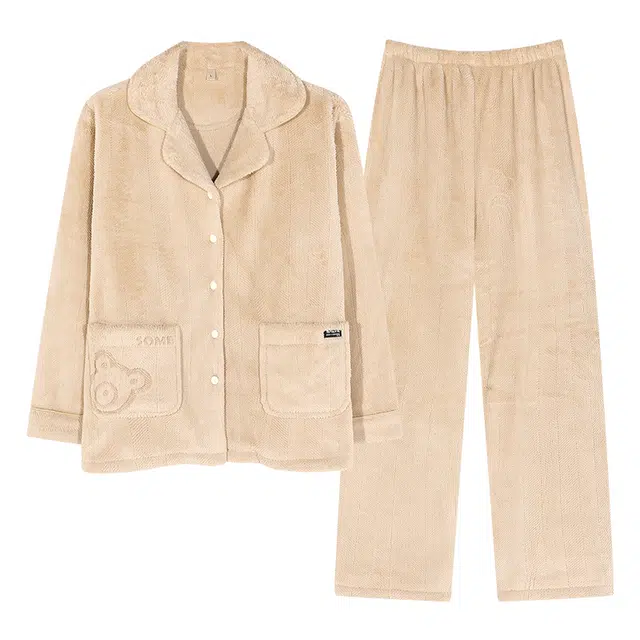 俏薇妮 简约纯色柔软雅致高级感翻领纽扣家居服保暖休闲舒适可外穿睡衣礼盒 女款 浅黄色