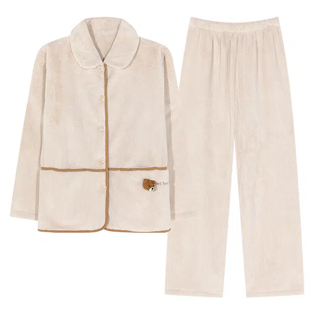 俏薇妮 简约纯色时尚可爱小熊挂饰保暖休闲舒适可外穿睡衣套装 女款 礼盒装 杏色