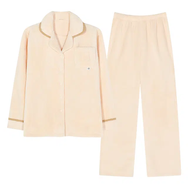 俏薇妮 简约纯色柔软时尚翻领纽扣保暖加厚加绒麦穗绒珊瑚绒休闲舒适长袖长裤可外穿睡衣套装 女款 礼盒装 黄色