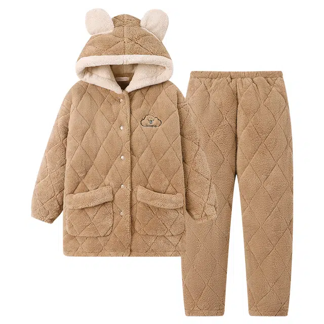 俏霓桐 蓄热保暖加厚连帽长袖长裤开衫可外穿睡衣套装 女款 焦糖色