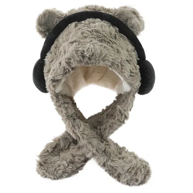 浪莎 冬季帽子围脖一体防风护颈帽子 百搭立体耳罩保暖防寒熊耳毛绒帽 聚酯纤维 斗篷帽 女款