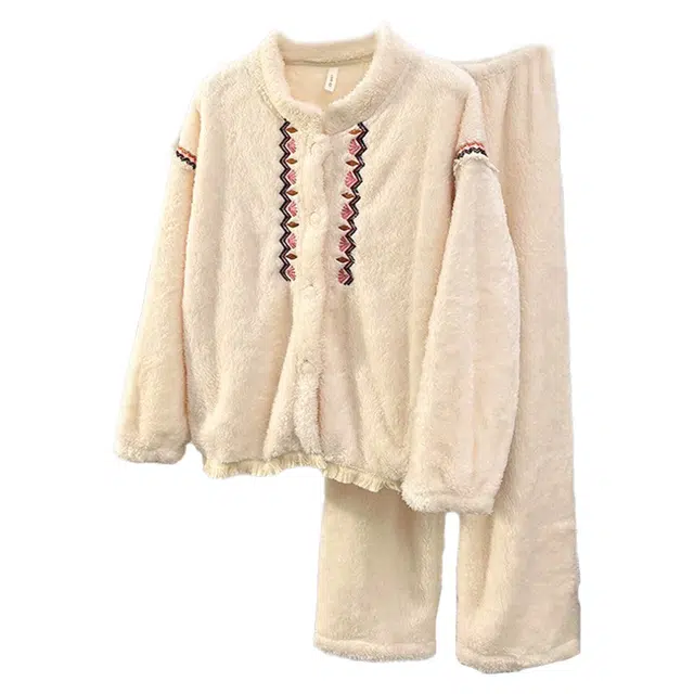 木清清 舒适亲肤柔软刺绣圆领开衫家居服蓄温保暖长袖长裤可外穿睡衣套装 女款