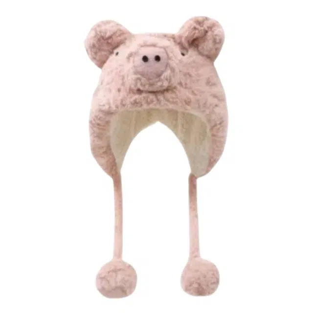 艾情草之恋 毛茸茸卡通软萌小猪帽子 保暖防寒加绒包头帽加厚防护可调节绒线帽 可爱治愈 玩偶周边