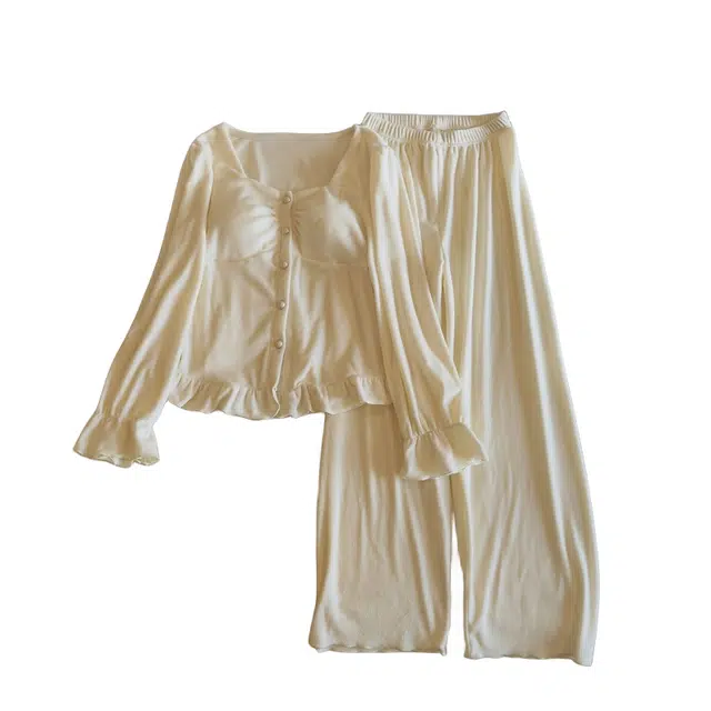 乐姿韵 舒适性感长袖长裤亲肤柔软睡衣套装 女款 奶黄色