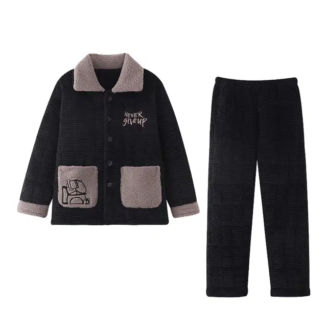 乐姿韵 简约时尚高级感保暖翻领加厚青少年家居服亲肤舒适睡衣套装 男款 黑色