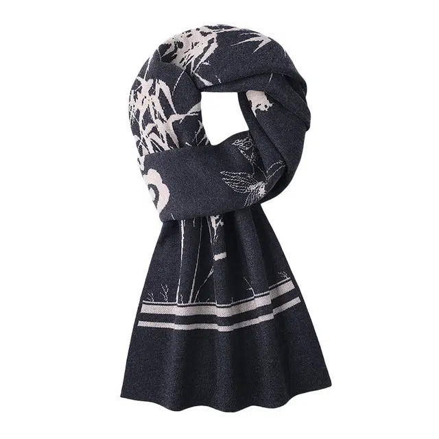 啄木鸟 国潮墨竹写意 冬季保暖文艺潮款 绒线围巾 男女同款情侣款