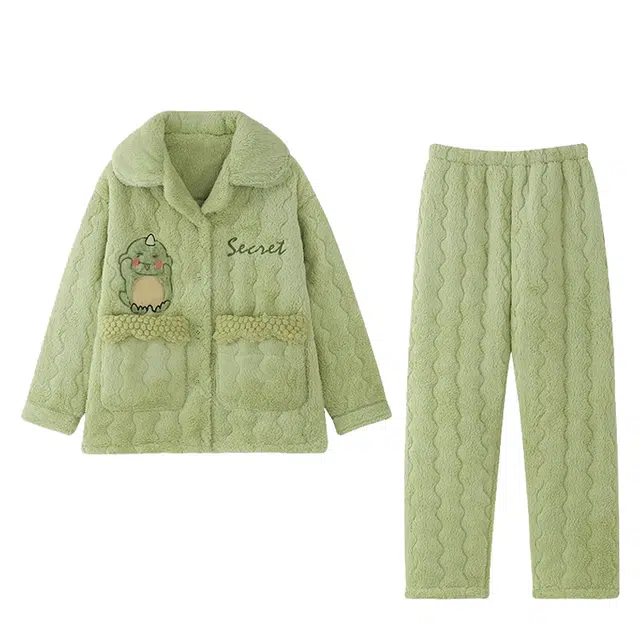 乐姿韵 可爱小恐龙保暖加厚卡通睡衣套装 女款 绿色