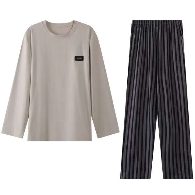 好福份 简约中腰圆领休闲长裤睡衣套装 男款 图片色