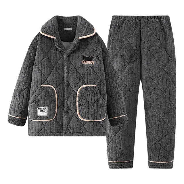 宫蝶 保暖加厚三层夹棉珊瑚绒家居服蓄温型可外穿休闲开衫冬季睡衣套装 男款 深灰色