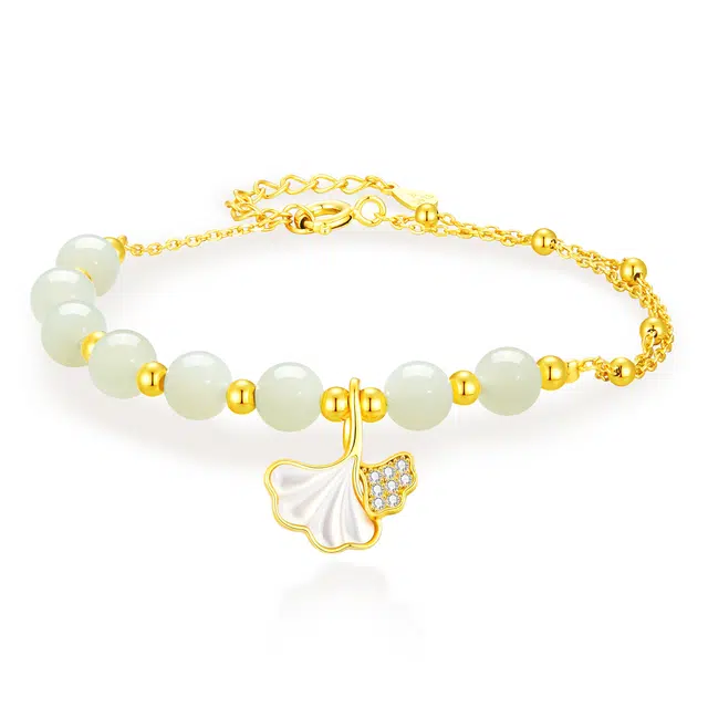 中国黄金 珍·尚银 三生有杏 幸运银杏叶手串 新中式古风清冷感 优雅气质精致小众轻奢 妈妈生日圣诞送礼礼盒#好运 和田玉手链 青白玉 女款