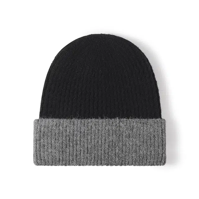 浪莎 拼色秋冬针织户外加绒加厚百搭护耳无檐 腈纶 绒线帽 男女同款情侣款 黑色