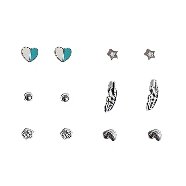 前方大荒野 撞色爱心星星十二件套装简约时尚小众设计一周不重复可爱甜美迷人温柔大方精致小巧造型日常百搭 树脂 耳钉 女款