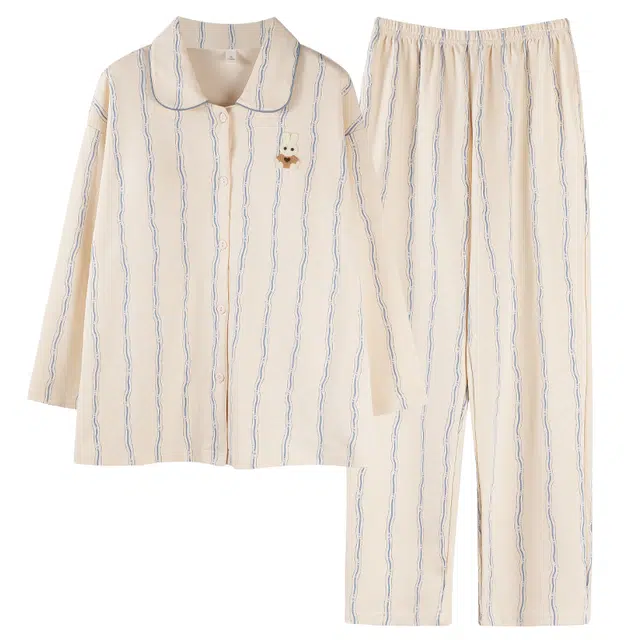 夏芬妍 舒适柔软小兔条纹翻领带胸垫纯棉开衫家居服保暖亲肤大码长袖长裤可外穿睡衣礼盒 女款 杏色