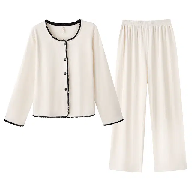 宫蝶 简约保暖长袖家居服厚款可外穿休闲慵懒感开衫睡衣套装 女款