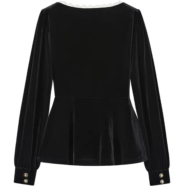 她池 法式优雅方领修身丝绒蕾丝边长袖衬衫 女款 黑色