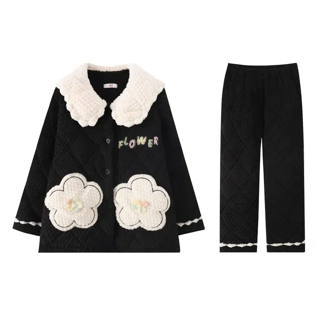 俏霓桐 蓄温保暖加厚甜美翻领长袖睡衣套装 女款 黑色