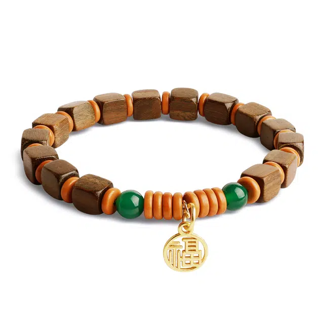木盛缘 新中式国潮好运连连转运招财纳福财源滚滚方糖檀香木手链 绿檀 木作手串 男女同款情侣款