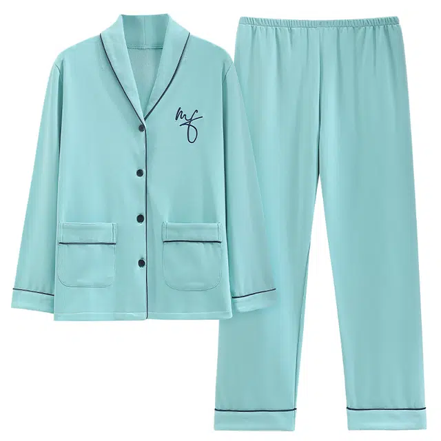 乐姿韵 甜美纯色时尚口袋柔软开衫长袖长裤睡衣套装 女款 蓝色