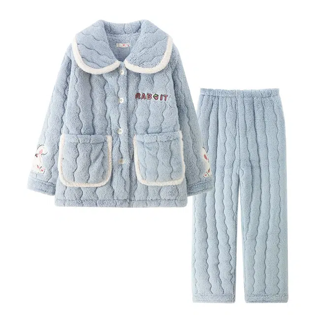 俏霓桐 甜美可爱保暖加厚蓄温长袖翻领睡衣套装 女款 蓝色