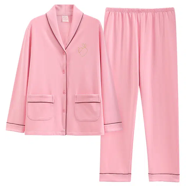 乐姿韵 透气柔软舒适高级感甜美开衫长袖长裤可外穿家居服睡衣套装 女款 粉色