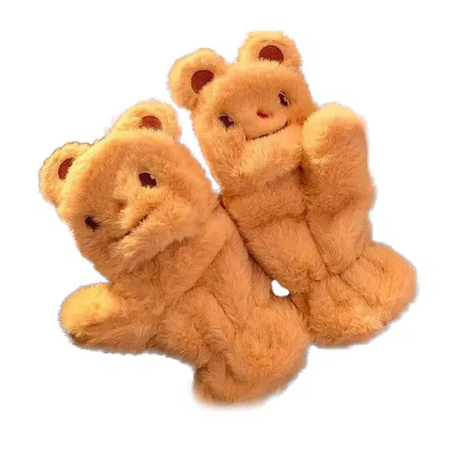 木林森 可爱小熊半指翻盖毛绒保暖加绒加厚可爱防寒 棉 绒线手套 男女同款情侣款