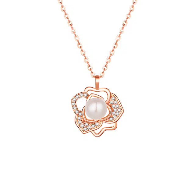 中国珠宝 玫瑰花锁骨链轻奢小众优雅温柔气质百搭新年圣诞元旦氛围感高级 淡水珍珠 项链 女款