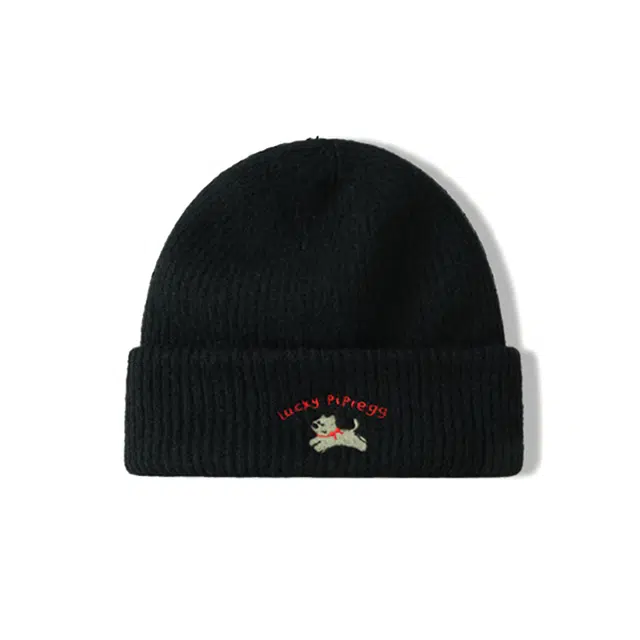 浪莎 可爱卡通小狗刺绣毛线帽女生秋冬季双层保暖时尚宽松版针织帽 腈纶 绒线帽 女款