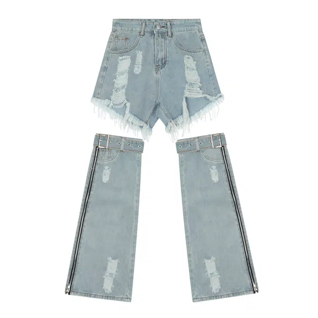 水中花 分体破洞毛边设计感腿套中腰宽松牛仔裤 女款 蓝色