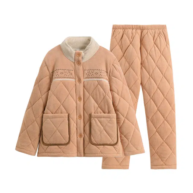 芬腾 三层夹棉保暖加厚亲肤舒适长袖长裤睡衣套装 女款 桔色