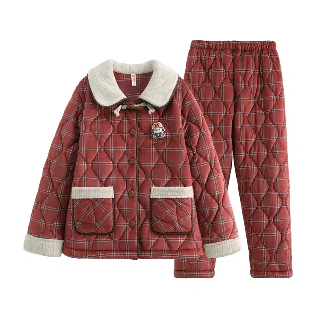 芬腾 格子翻领保暖上衣加厚舒适亲肤长裤睡衣套装 女款 红格