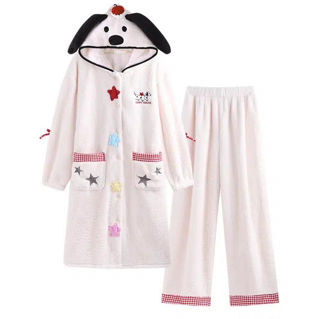 侘町 苹果星星狗卡通柔软透气亲肤长袖长裤睡衣套装 女款 米色