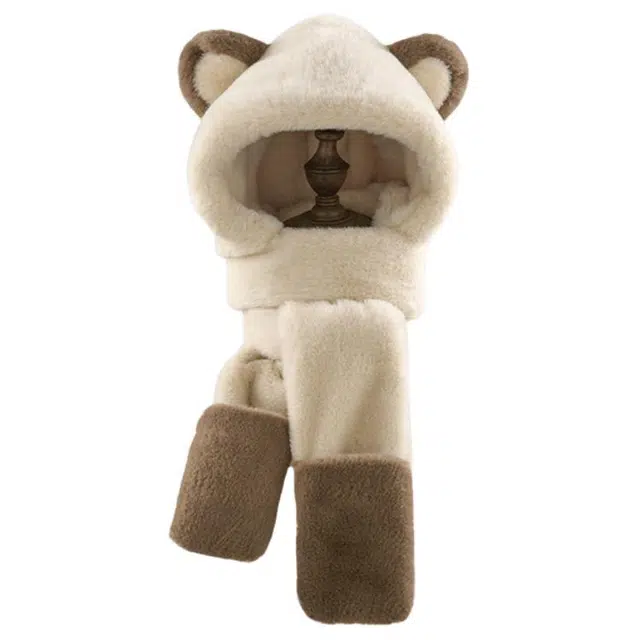 木林森 可爱毛绒小熊帽子围脖手套一体 冬季保暖防寒 绒线围巾 男女同款情侣款