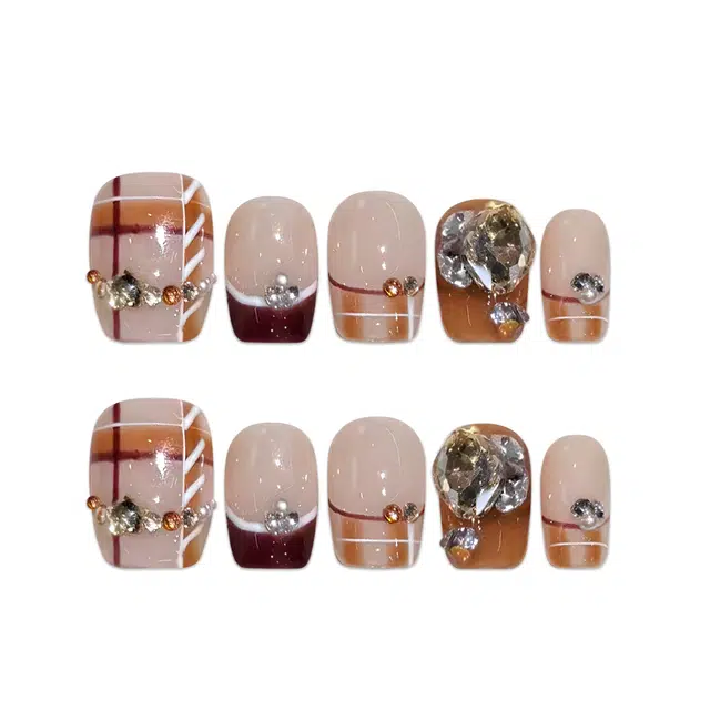 歌传 巧克力色格纹显白光疗甲  短梯