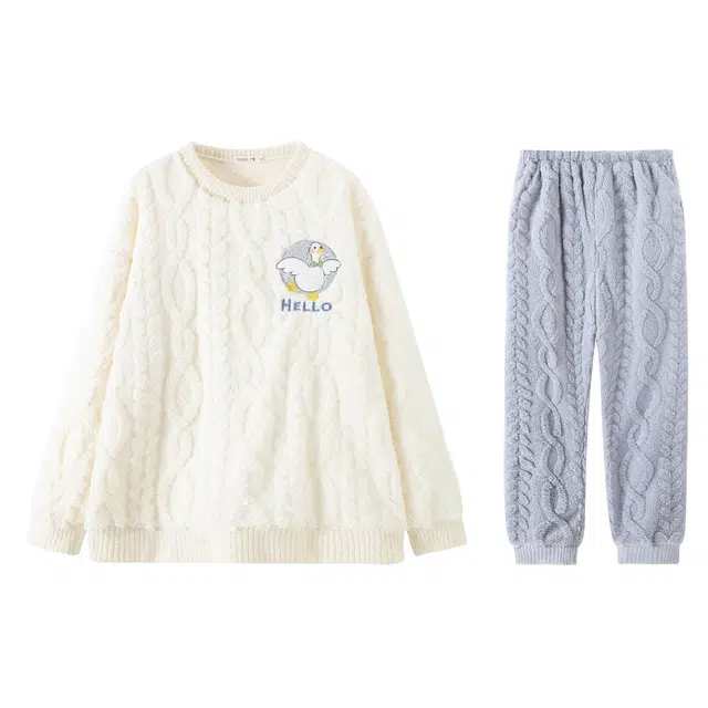 俏霓桐 简约韩版保暖蓄温加绒柔软舒适长袖圆领长裤睡衣套装 男款 图色