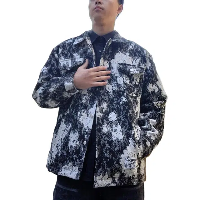 极限涡轮 美式复古基础简约潮牌高街油画质感满印翻领潮牌学生时尚休闲百搭夹克外套 男女同款 蓝色
