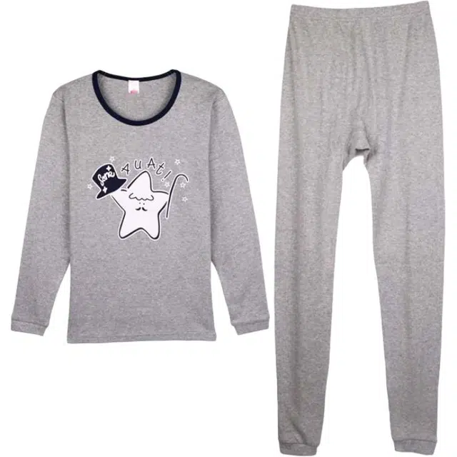 棉基因 卡通印花亲肤圆领柔软舒适长袖长裤保暖套装 女款 灰色