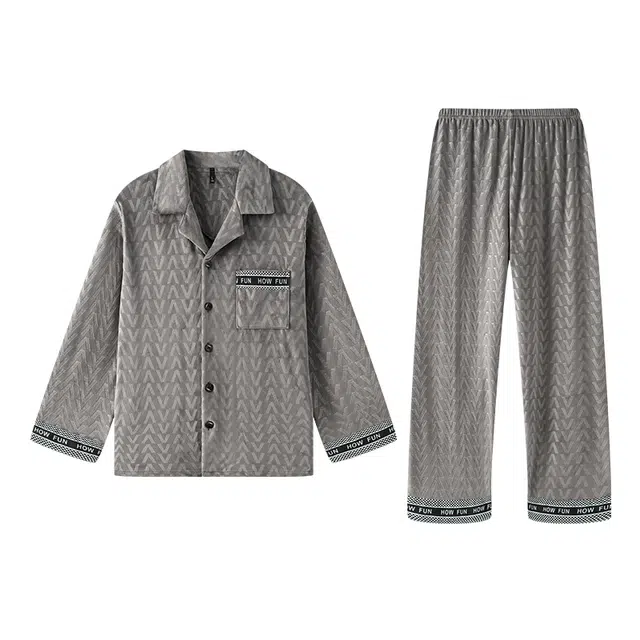 好福份 简约可外穿翻领开衫保暖加厚家居服睡衣套装 男款 图片色