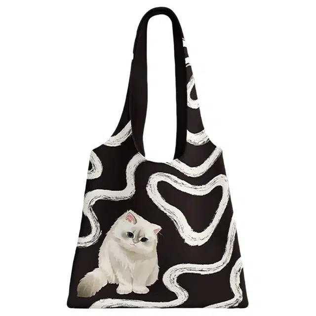 奥松 家用家居波纹白猫 绒面科技布 单肩包 男女同款情侣款 白色/黑色