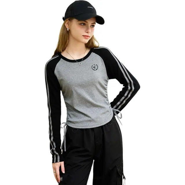 法文箱子 抽绳撞色设计感插肩长袖针织衫 女款 灰色